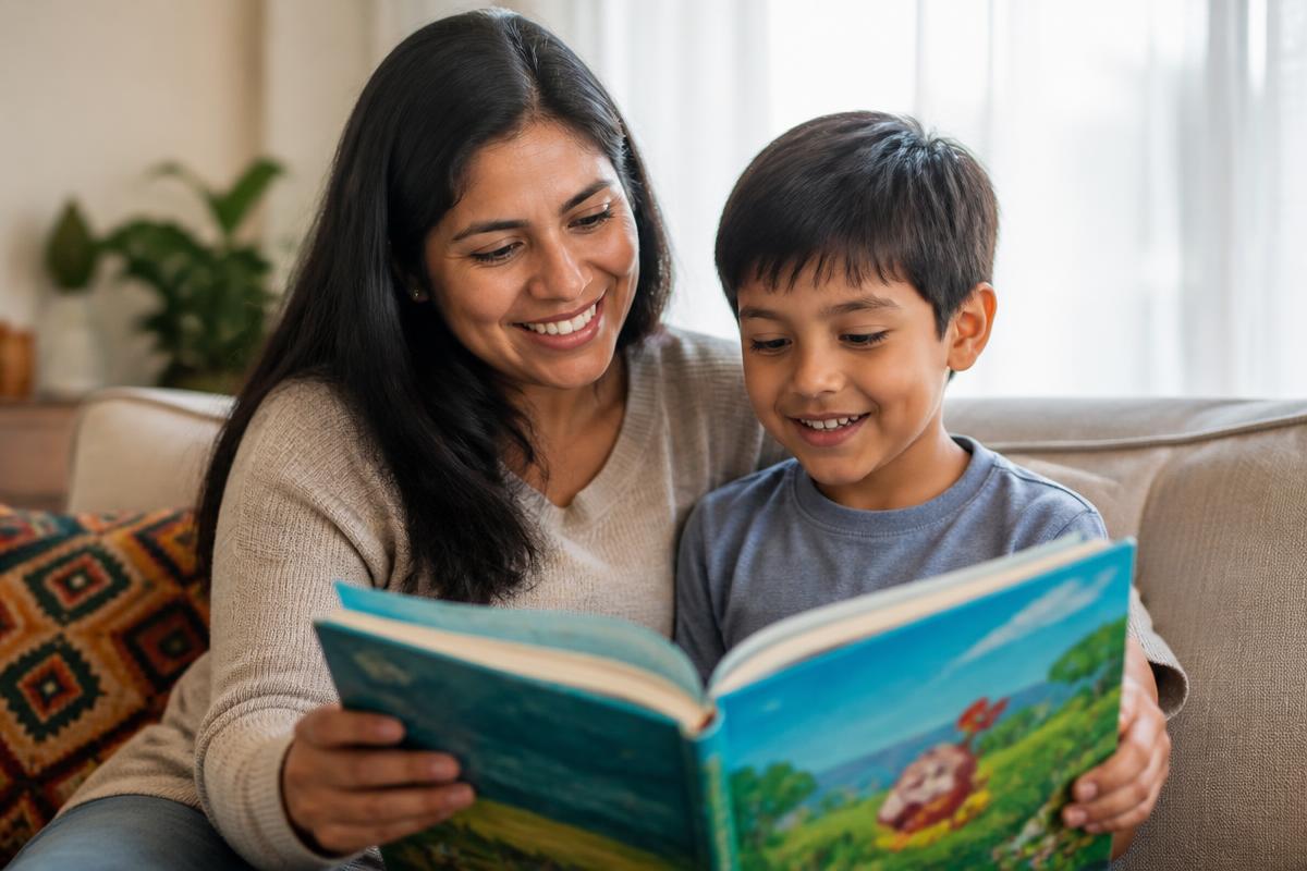 Mamá y su hijo leyendo juntos un libro ilustrado