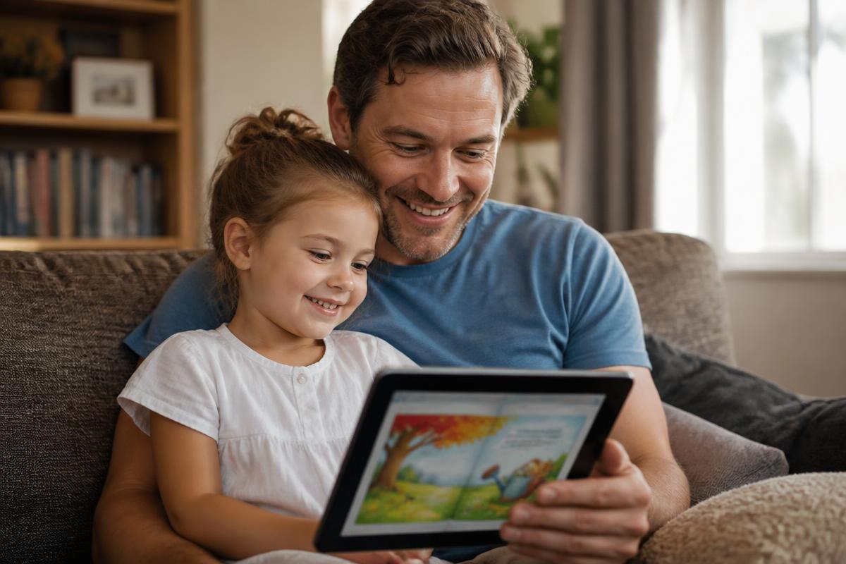 Papá e hija leyendo un libro digital en una tablet